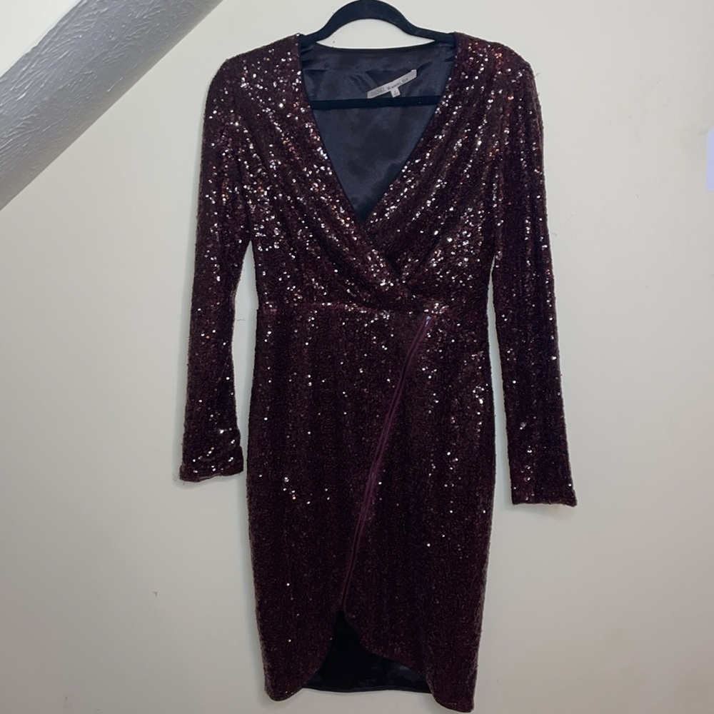 Rachel Rachel Roy Sequin Faux Wrap High Slit Long Sleeve V Neck Cocktail Dress - Picture 2 of 6